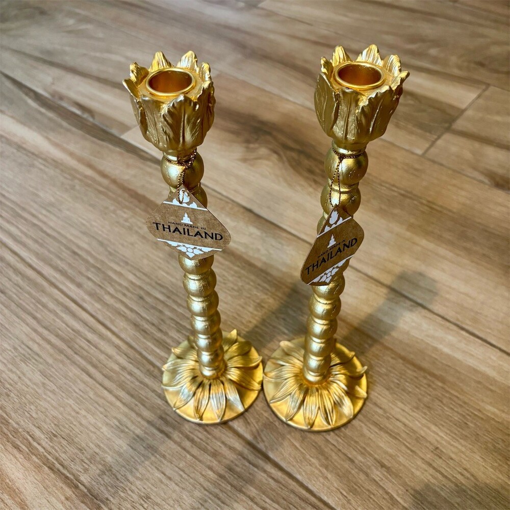 Anthropologie Candle Holders Pair Gold Floral Lotus Base Tulip Cup 10 in